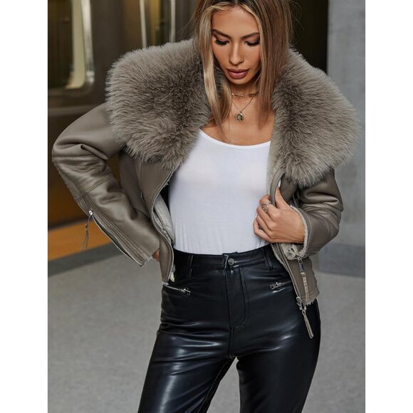 ⚡Women's khaki Faux Leather Jacket Moto Biker Lined Coat Removable Fur Collar - Picture 6 of 6